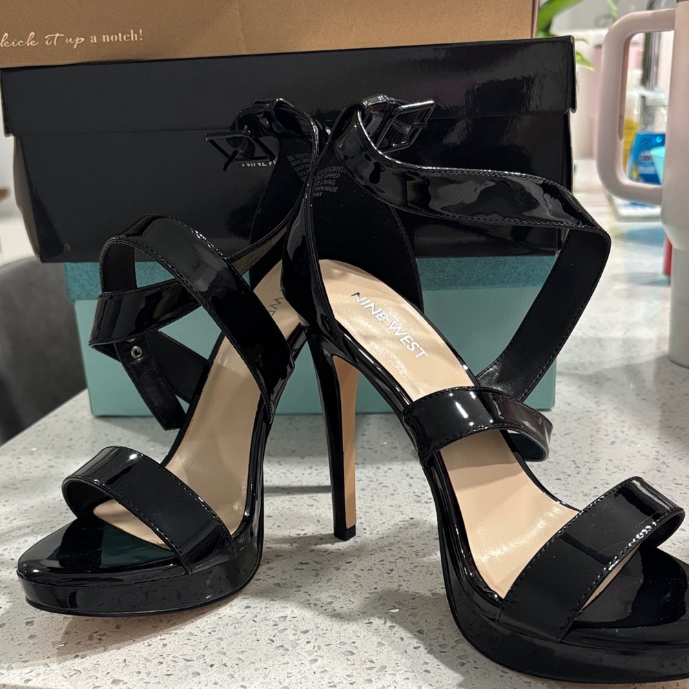 Nine West Glossy Black Strappy Heels